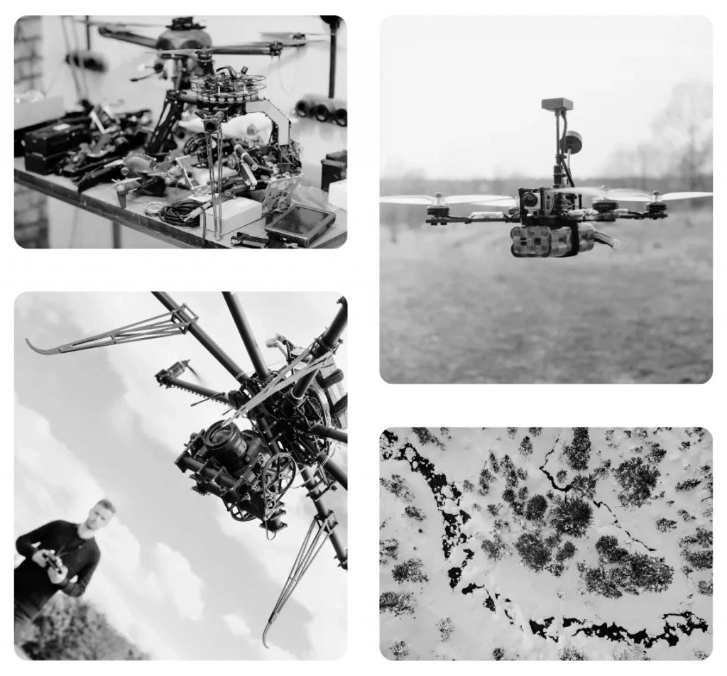Collage of pictures of drone, film equipment and team members of the aerial cinematography and photography department of flowmotive vision.