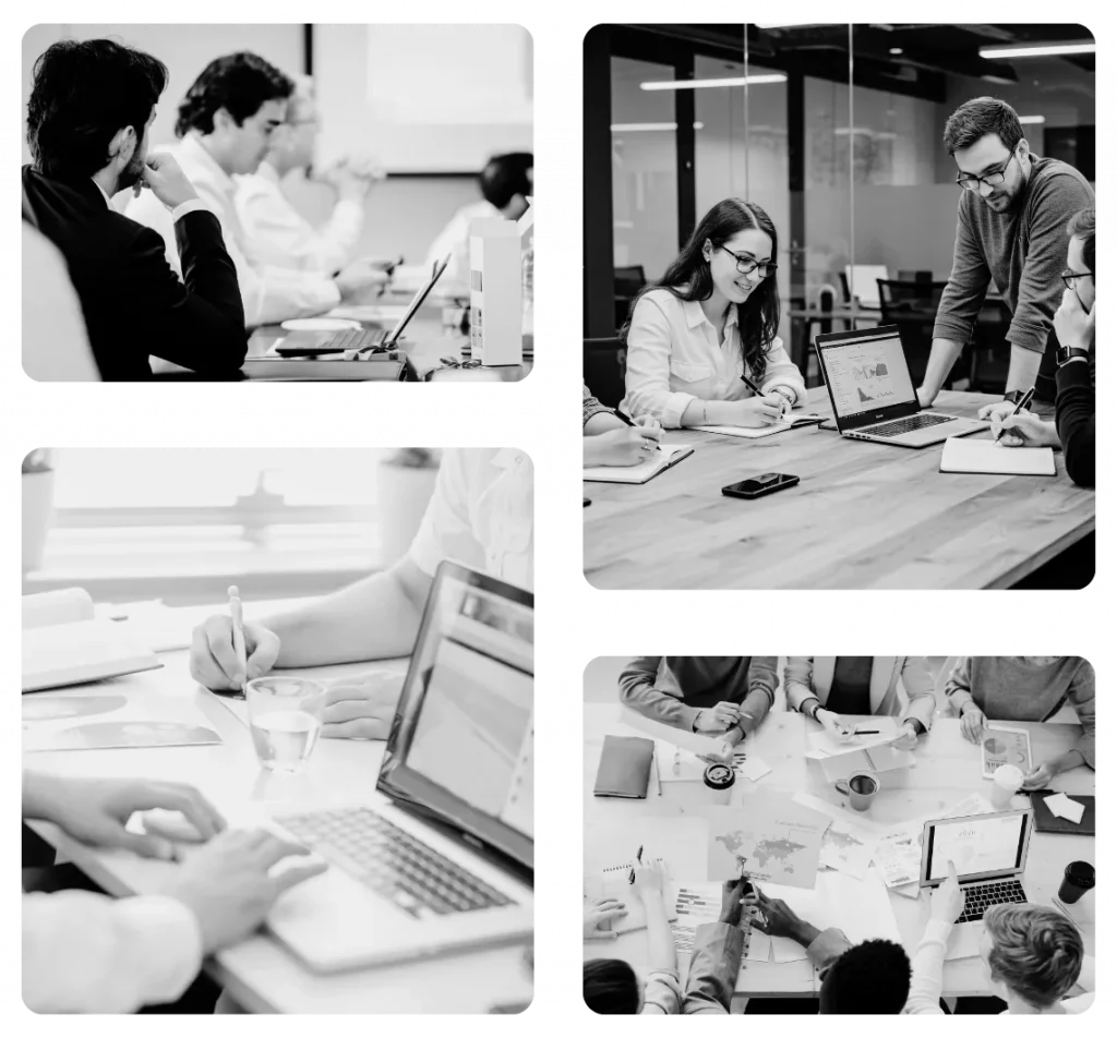 Collage of team members working in the Marketing and advertising department of flowmotive vision.