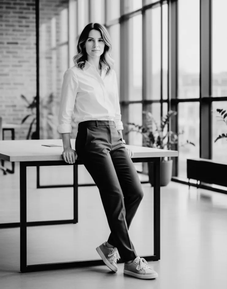 Lisa Harper, Teammember and C A O (CAO) of FlowMotive Vision, leaning on a table in the office